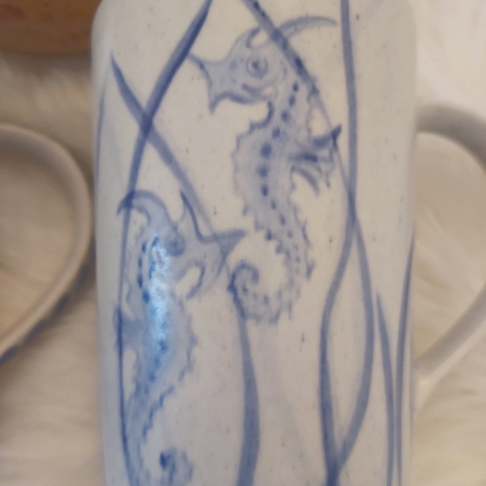 2 Hand Painted Seahorse Coffee Mugs: 16 oz. each